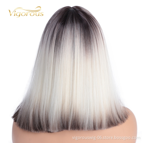 Dropshipping Short Straight Pre Plucked Ombre White Black Bob Lace Front For Women Fiber Wig Synthetic Hair